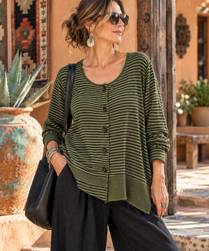 Habitat Womens XL Olive Green Striped Cotton Cardigan Lagenlook Artsy Asymmetric